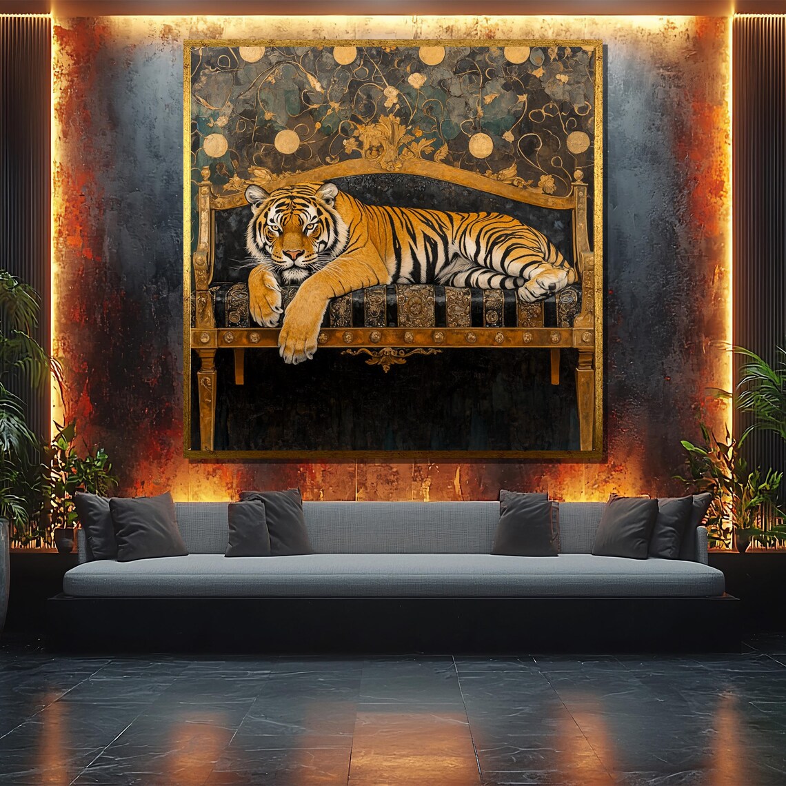 Royal Tiger on Golden Throne, Luxury Animal Art Print
