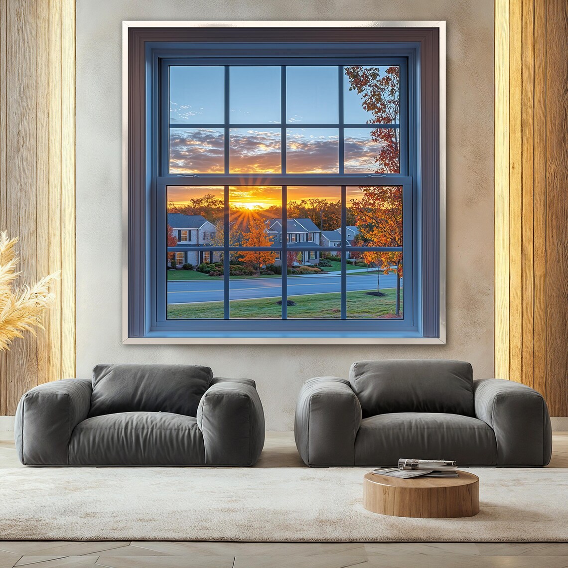 Fake Window Painting, Autumn Sunset Suburban Landscape - Image 2