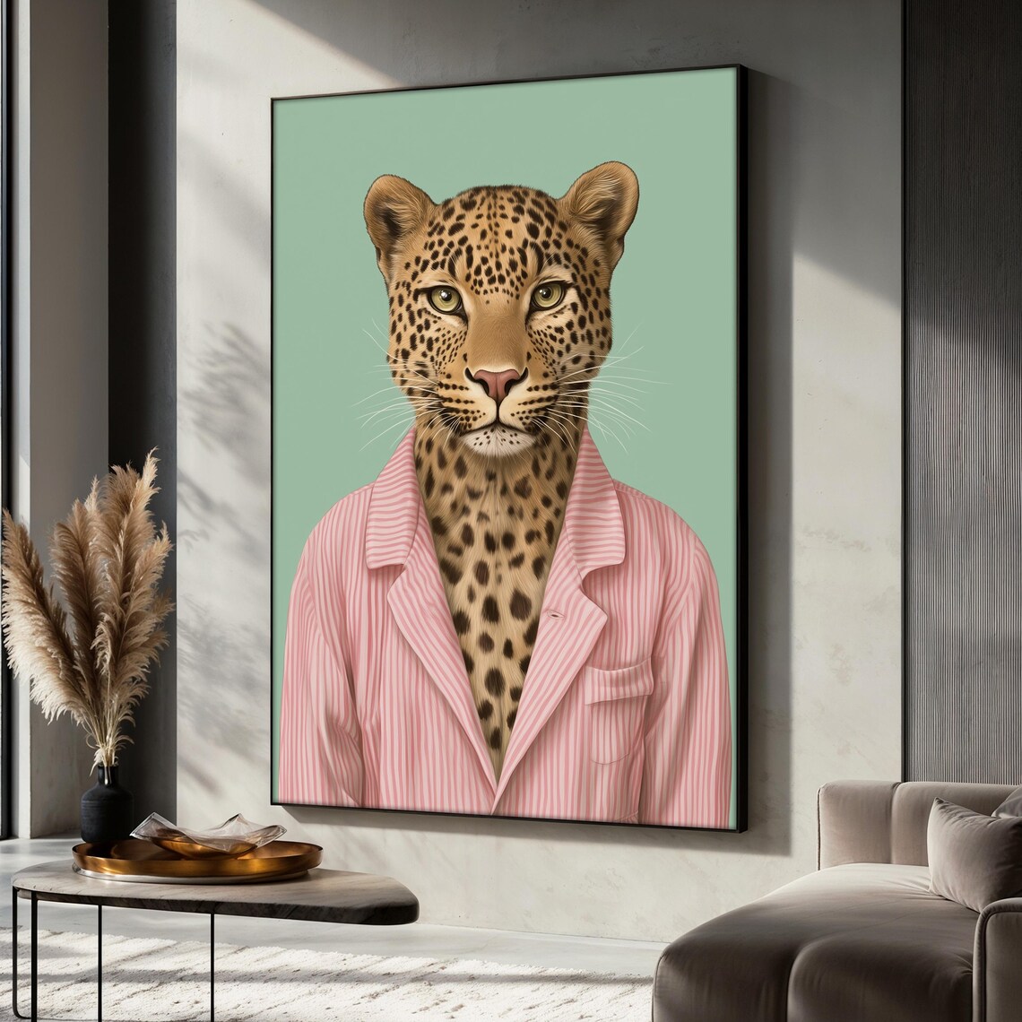 Leopard Painting in Pink Pajamas, Funny Animal Decor