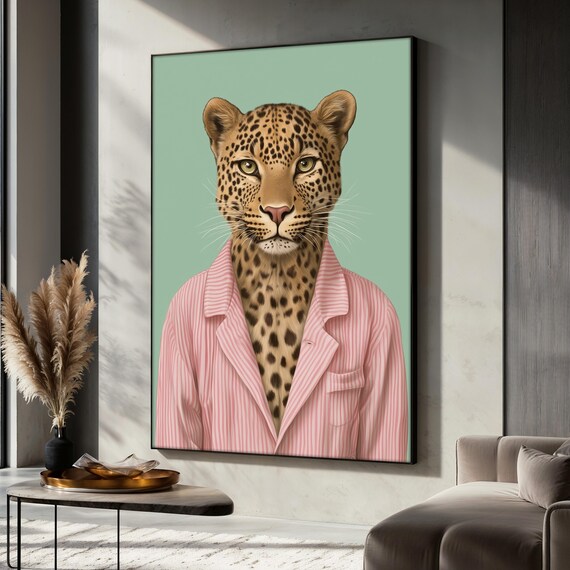 Leopard Painting in Pink Pajamas, Funny Animal Decor