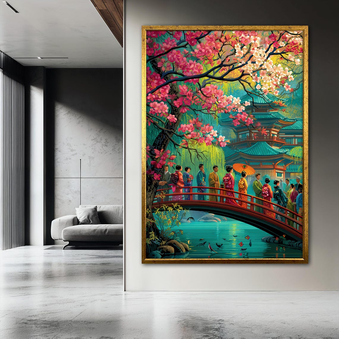 Japanese Culture Painting, Geisha And Temple Scene Art Print - Image 3