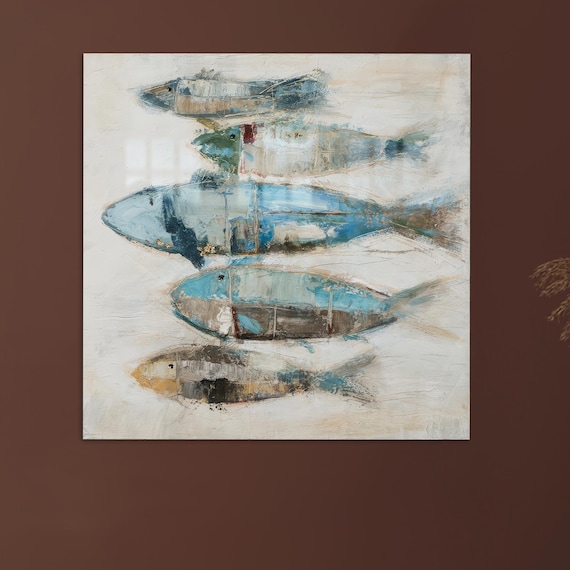 School of Blue Painted Fish Abstract Ocean Coastal Scene Poster