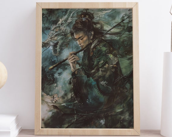 Moody Japanese Poster Wall Art Instant Spiritual Japanese Painting Trendy Teal Wall Decor Shodo Master Portrait Art