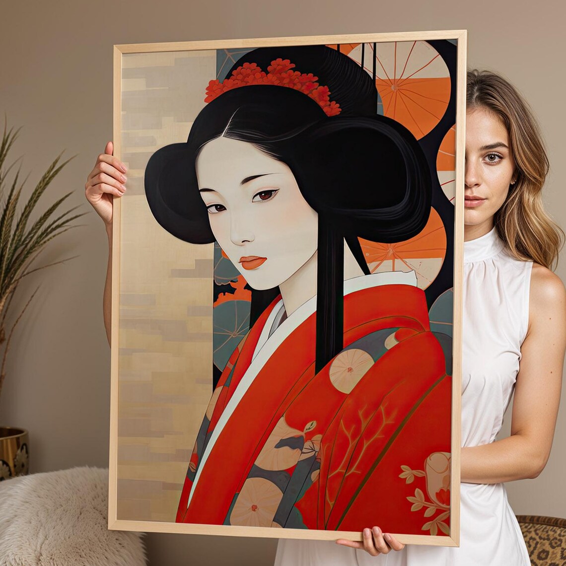 Japanese Geisha in Red Kimono Traditional Elegant Portrait Poster