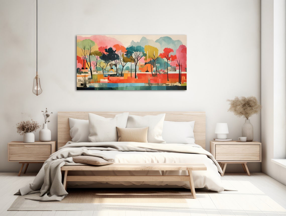 Colorful Pastel Landscape Painting Large Abstract Wall Art Framed Print Boho Tropical Forrest Pinks Teals Vibrant Park - Image 2