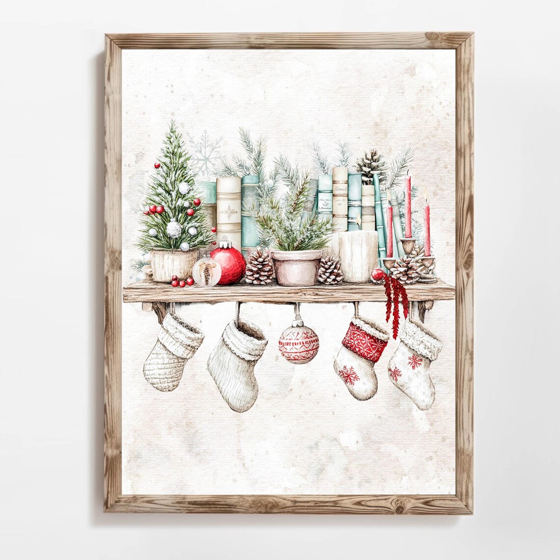 Christmas Bookshelf Stockings Holiday Library Cozy Winter Poster