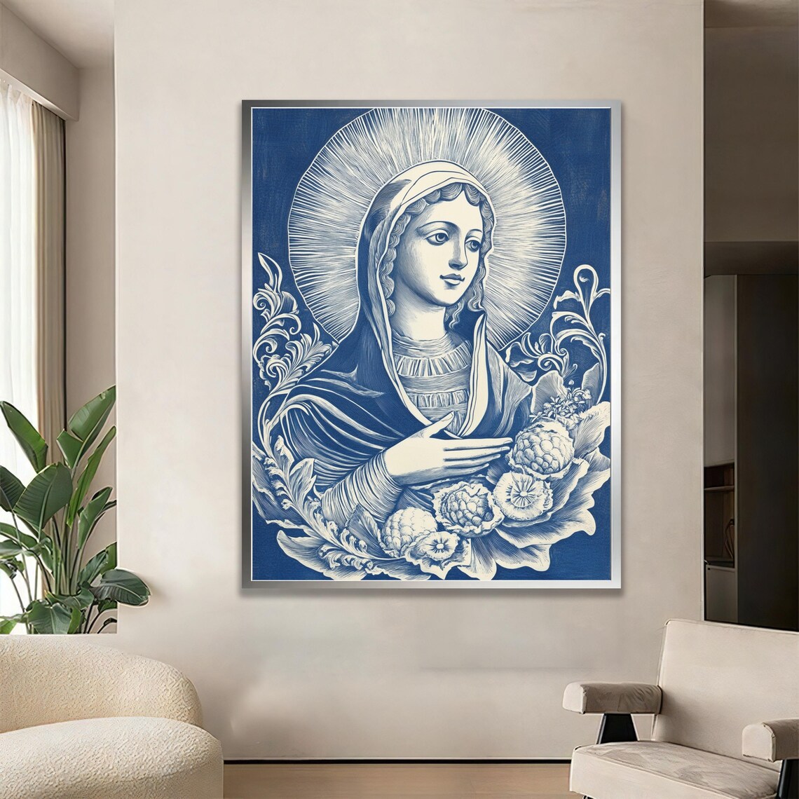 Virgin Mary Serene Blue And White Floral Peaceful Portrait Poster