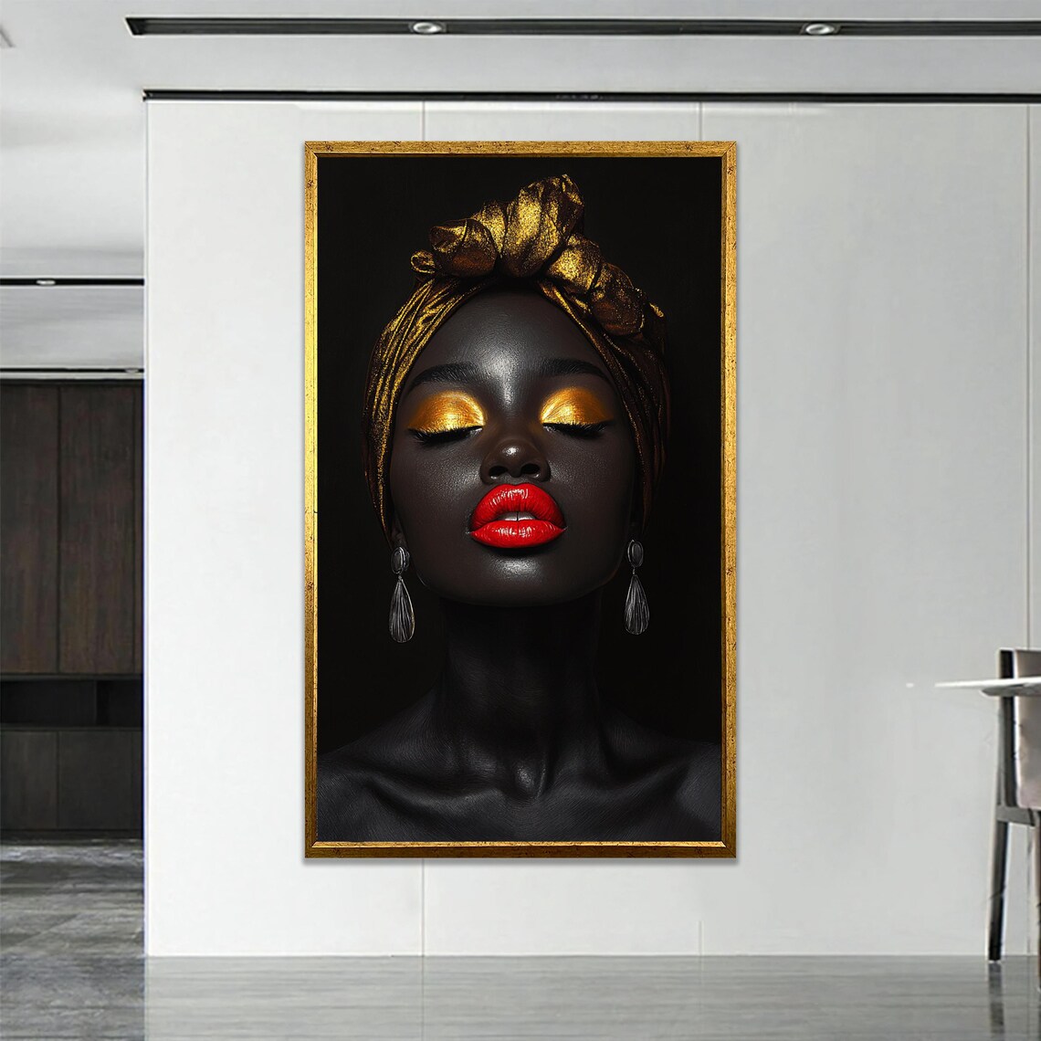 Striking African Woman Gold Headwrap Red Lips Beauty Portrait Poster