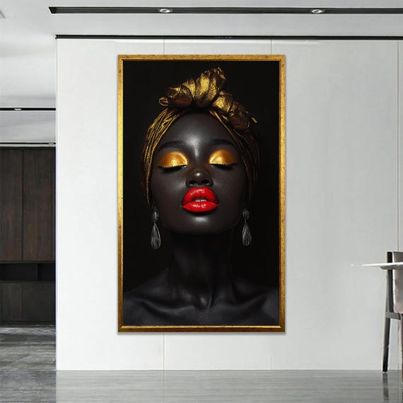 African Woman Portrait Gold Headwrap And Red Lip Wall Art