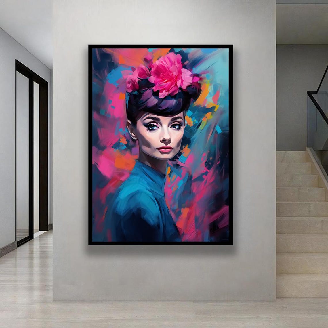 Audrey Hepburn Bold Abstract Portrait With Pink Flowers Poster