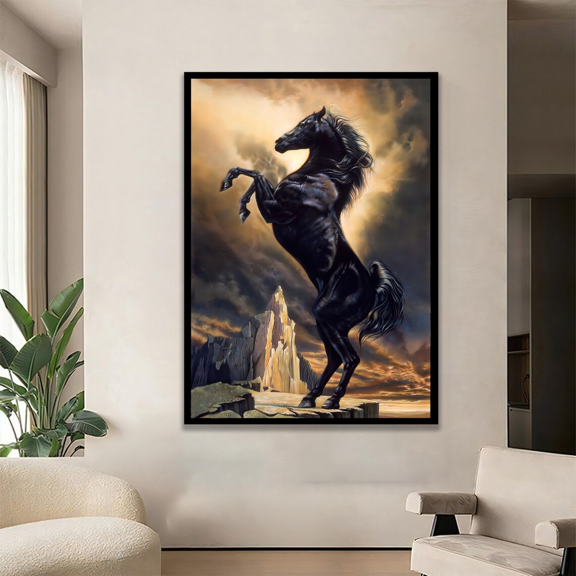 Majestic Black Horse Rearing Stormy Sky Powerful Equine Art Poster