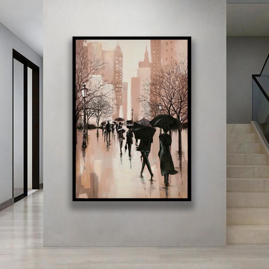 Rainy City Street Umbrellas Vintage Street Lamp Impressionist Poster