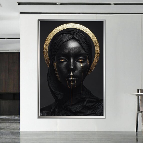 Black and Gold Halo Woman Portrait Dramatic Golden Tears Art Poster