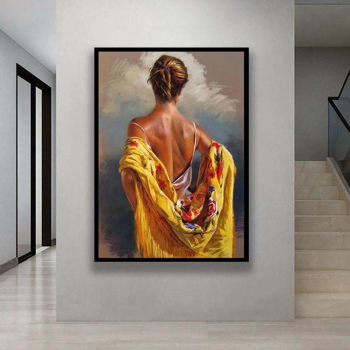 Woman in Yellow Shawl Back View Fashion Illustration Painting Poster