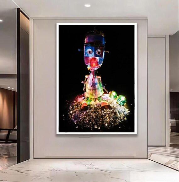 Whimsical Colorful Robot Metal Parts Futuristic Sci Fi Wall Art