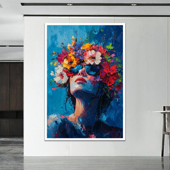 Flower Crown Woman Sunglasses Vibrant Blue Oil Portrait Poster
