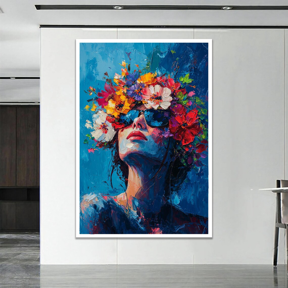 Flower Crown Woman Sunglasses Vibrant Blue Oil Portrait Poster