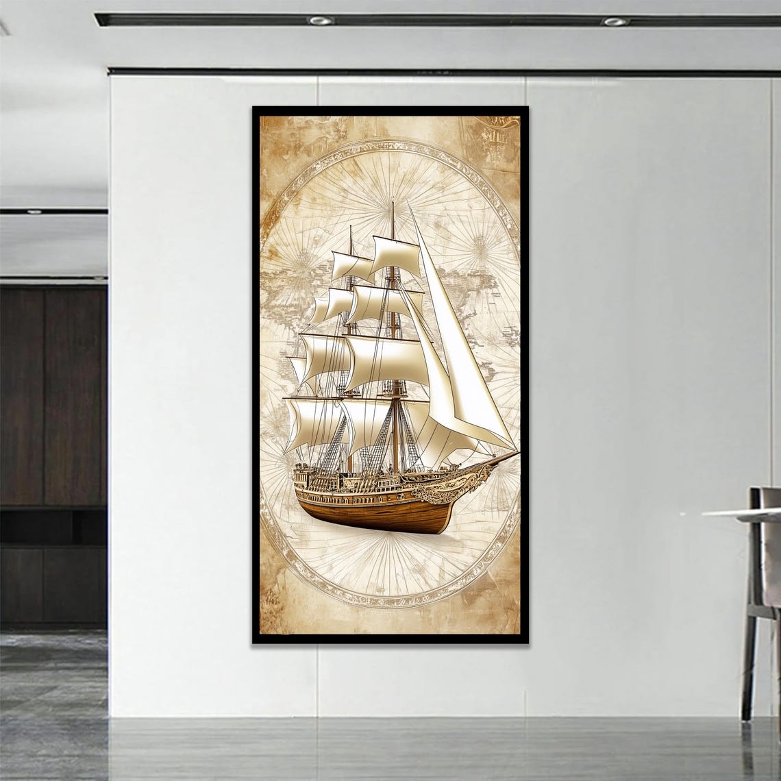Vintage Tall Ship White Sails Antique Nautical Map Art Poster
