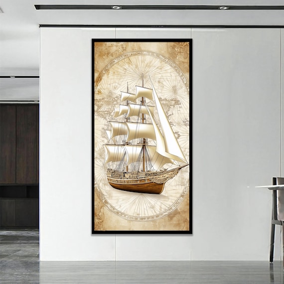 Vintage Tall Ship White Sails Antique Nautical Map Art Poster
