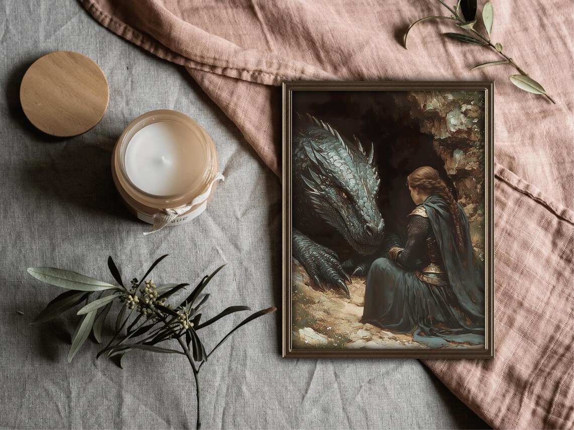 Lady Knight Teal Dragon Cave Medieval Fantasy Romantic Painting Poster - Image 4