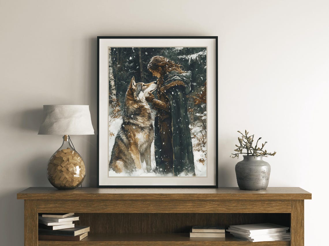 Lady Warrior And Wolf In Snowy Forest Dark Fantasy Watercolor Wall Art - Image 6