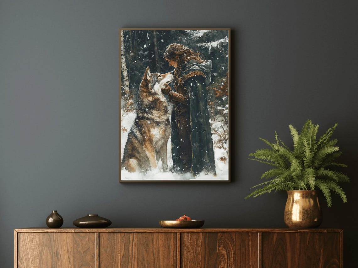 Lady Warrior And Wolf In Snowy Forest Dark Fantasy Watercolor Wall Art - Image 4