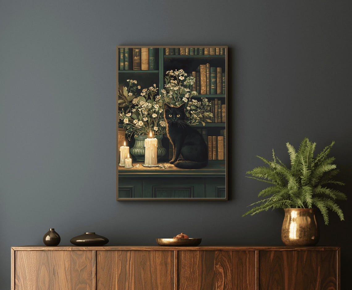 Black Cat In Candlelit Library Among Flowers And Antique Books Poster - Image 3