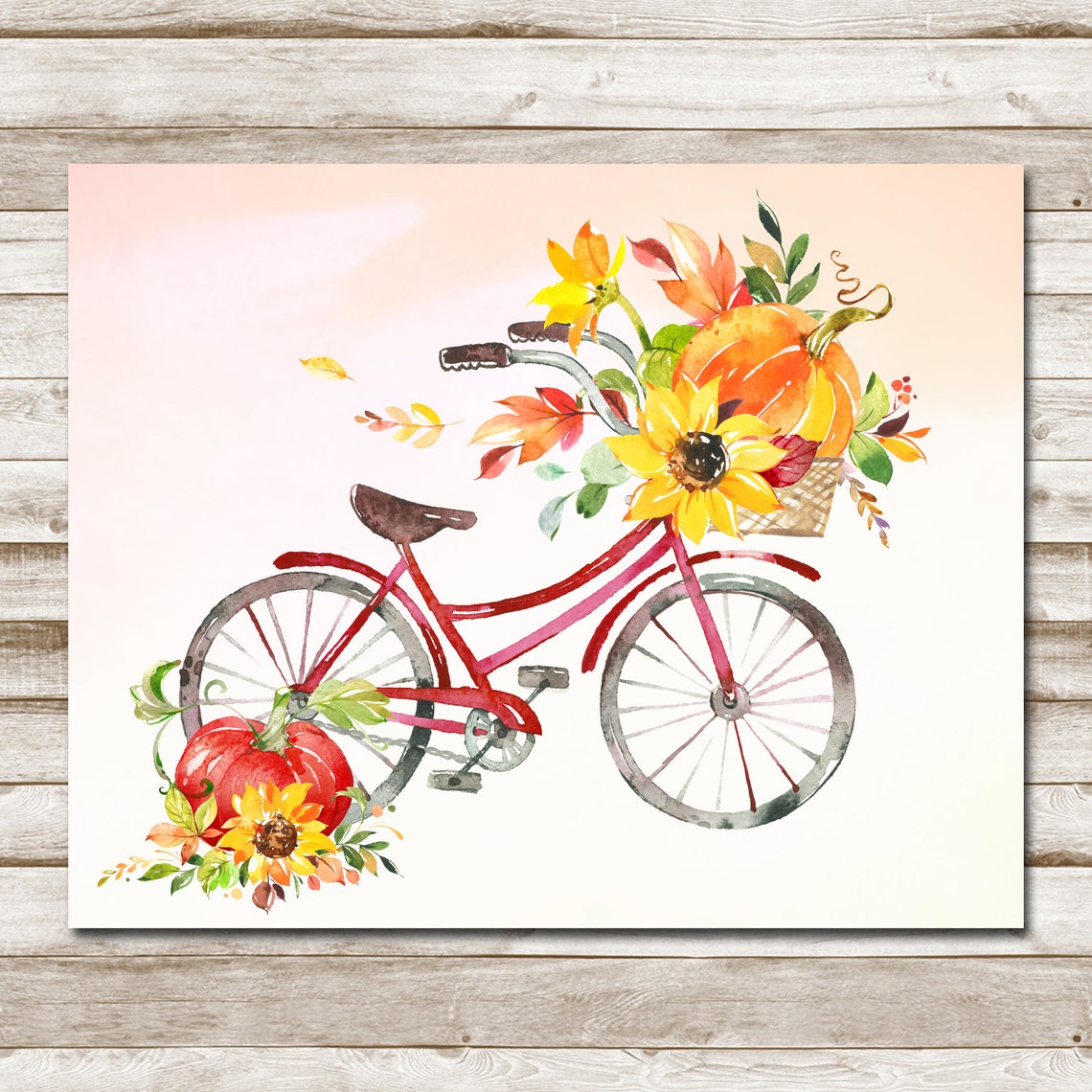 Red Bicycle With Sunflowers And Pumpkins Fall Watercolor Poster - Image 4