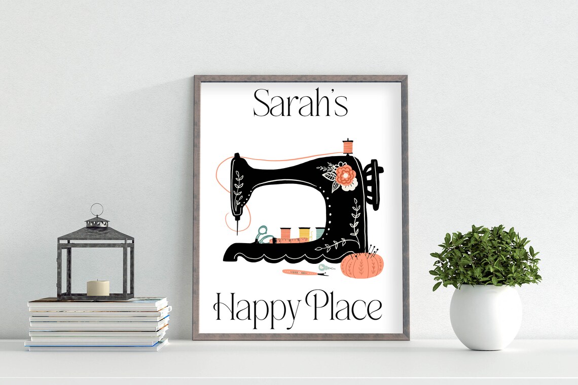 Personalized Happy Place Name Black Floral Sewing Machine Sign Poster - Image 2