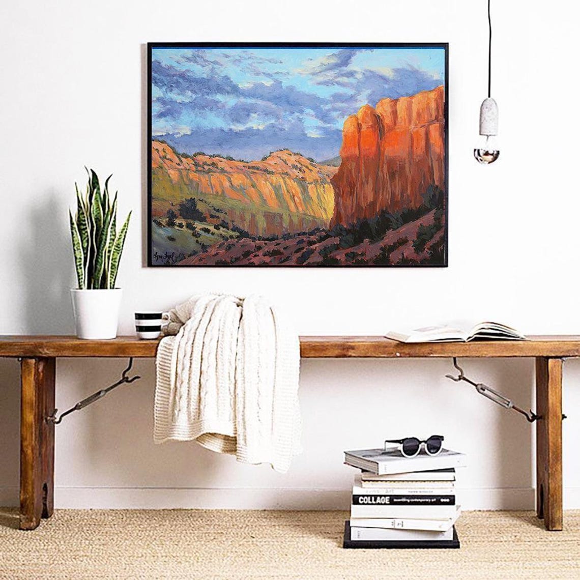 New Mexico Desert Glowing Red Cliffs Cloudy Sky Painting Poster - Image 5