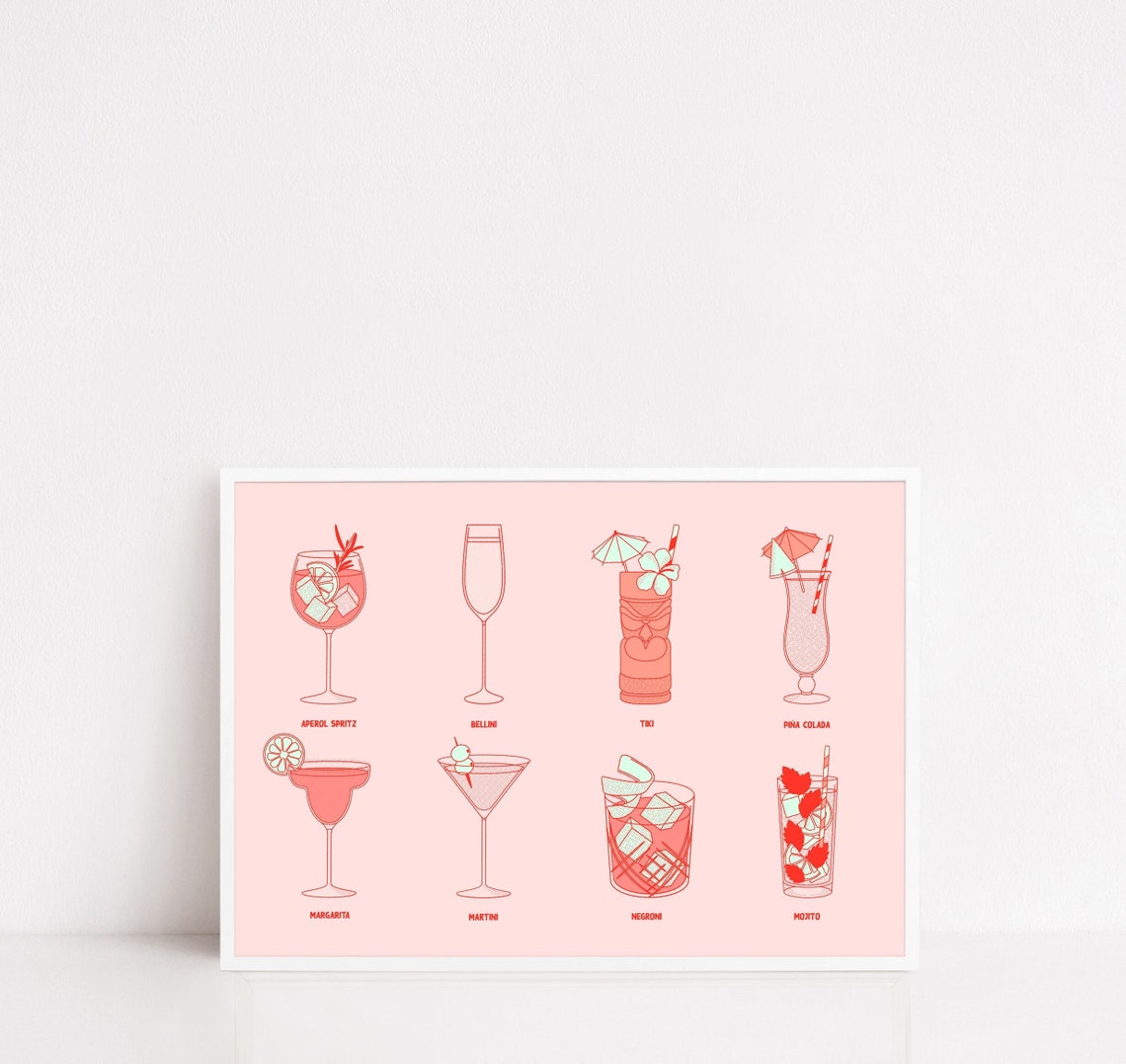 Cocktail Collection Aperol Spritz Margarita Illustrated Bar Poster