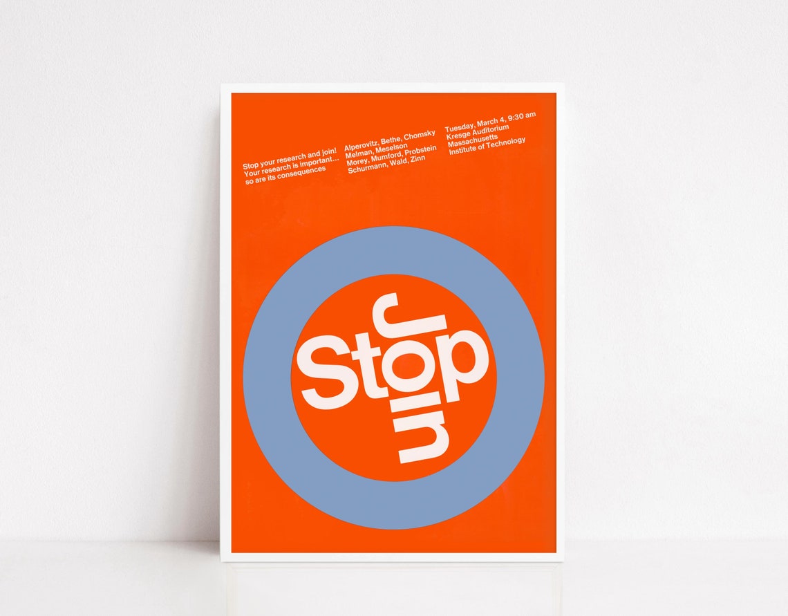 Stop MIT Anti War Research Protest 1969 Orange Circle Graphic Poster