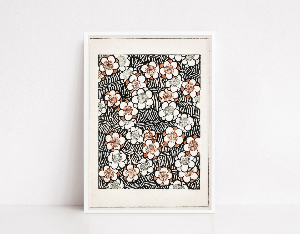 Watanabe Seitei Floral Blossom Pattern Black Vintage Japanese Poster