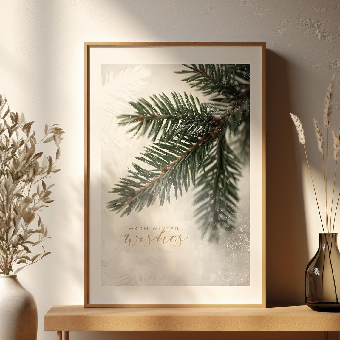 Warm Winter Wishes Snowy Pine Branch Script Typography Poster