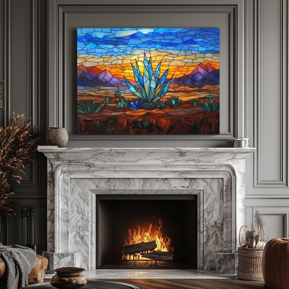Agave Desert Stained Glass Style Print Landscape Modern Painting Nature Calm Relaxing Wall Print Airbnb Art Wall Decor