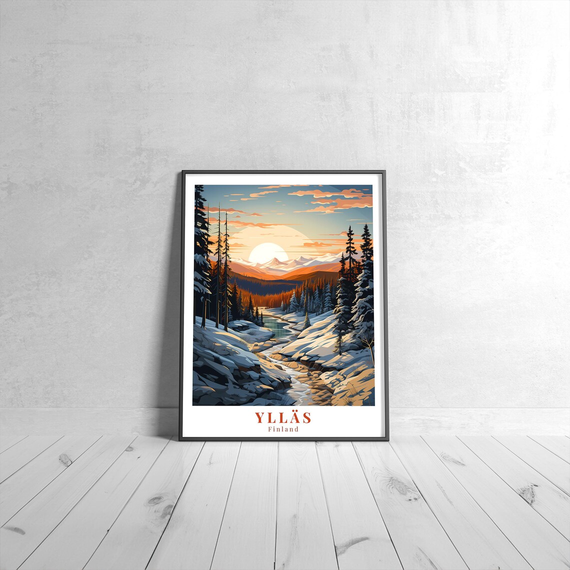 Yllas Finland Snowy Forest Sunset River Vintage Travel Art Poster