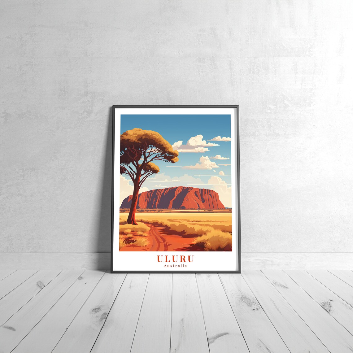 Uluru Australia Vintage Travel Poster With Red Desert Rock And Outback Tree