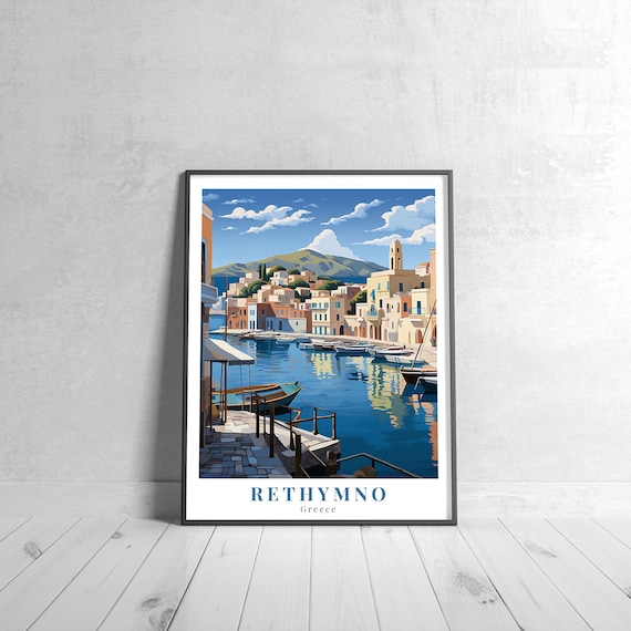 Rethymno Greece Harbor Boats Waterfront Vintage Travel Poster