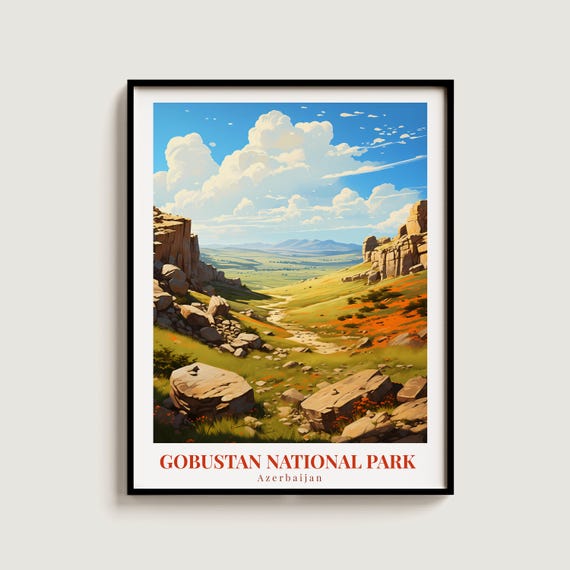 Gobustan National Park Vintage Travel Poster Retro Azerbaijan Art Print Colorful Home Decor Wall Unique Gift