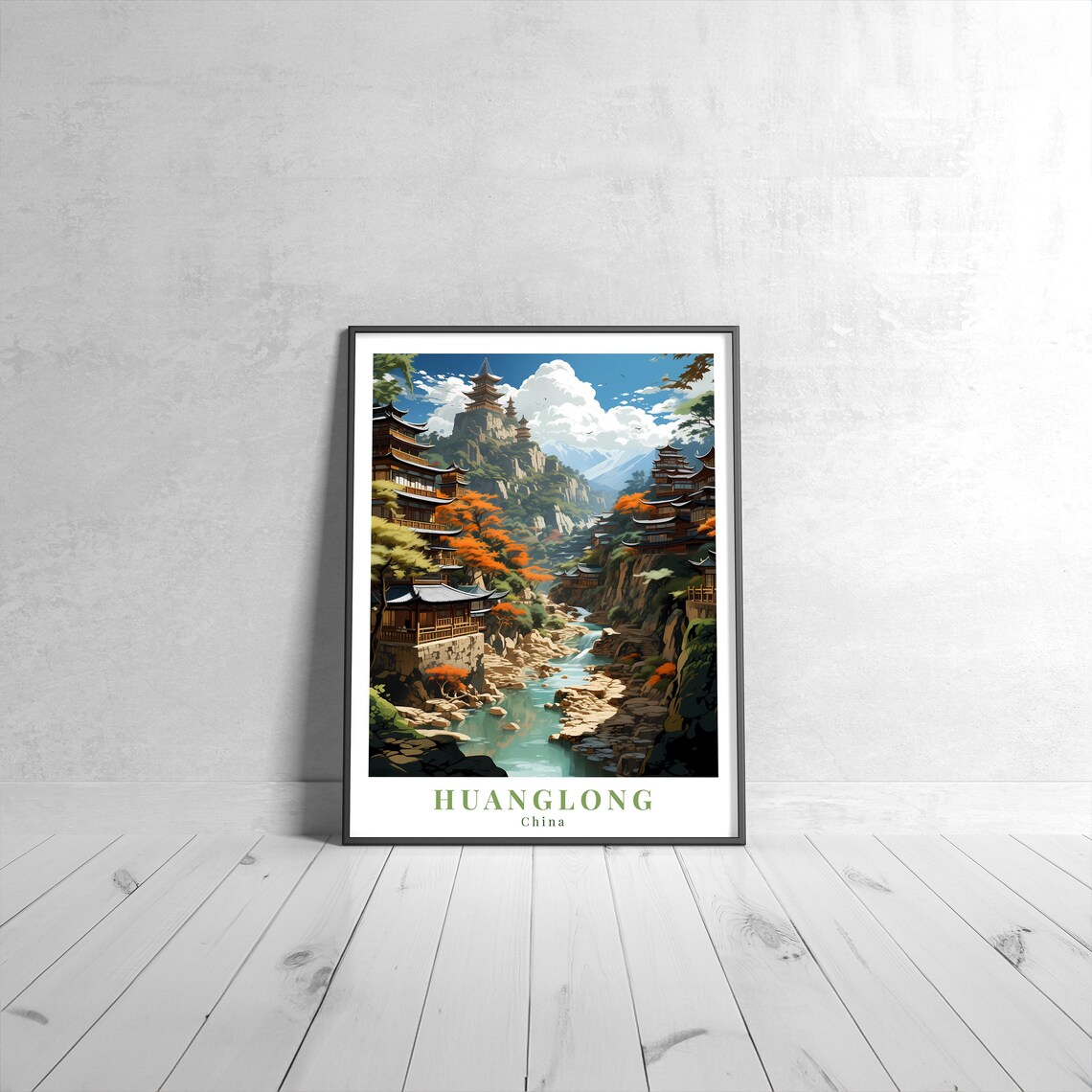 Huanglong China Mountain Temples River Autumn Vintage Travel Poster