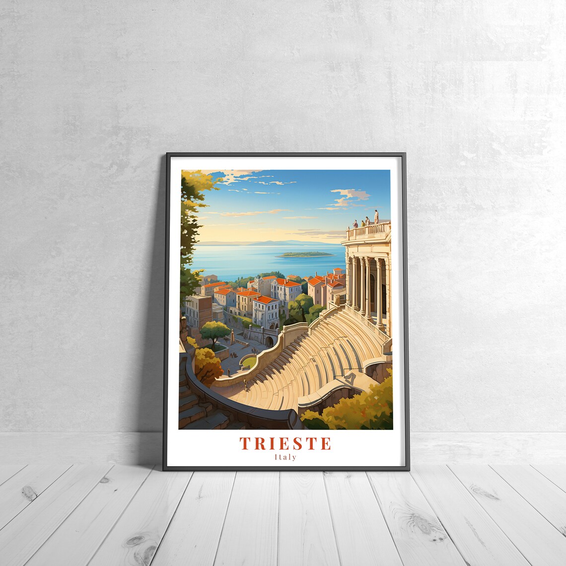 Trieste Italy Roman Amphitheater Sunset Coast Vintage Travel Poster