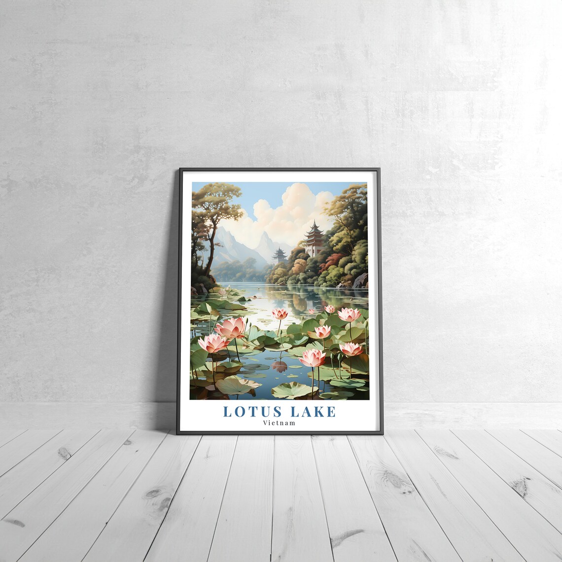 Lotus Lake Vietnam Pagoda Blossom Lake Scene Vintage Travel Poster