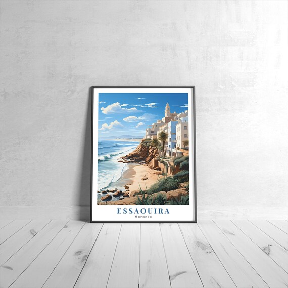 Essaouira Morocco Blue Coastal Cliffs Sandy Beach Travel Poster