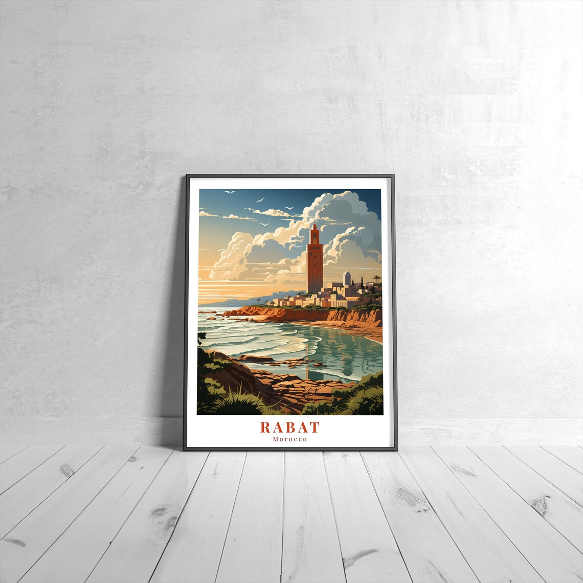 Rabat Morocco Coastal Tower Ocean Sunset Vintage Travel Poster