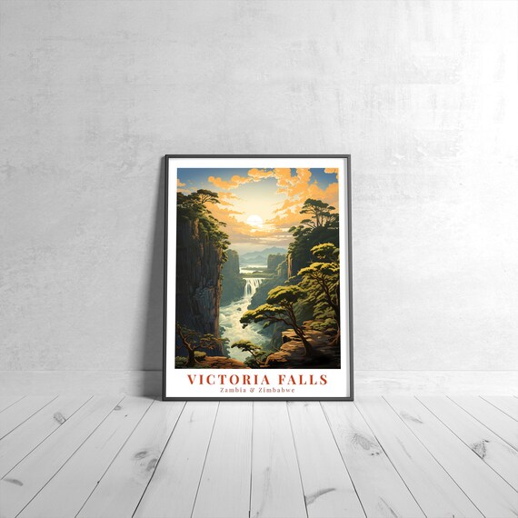 Victoria Falls Zambia Zimbabwe Vintage Retro Travel Poster Sunset
