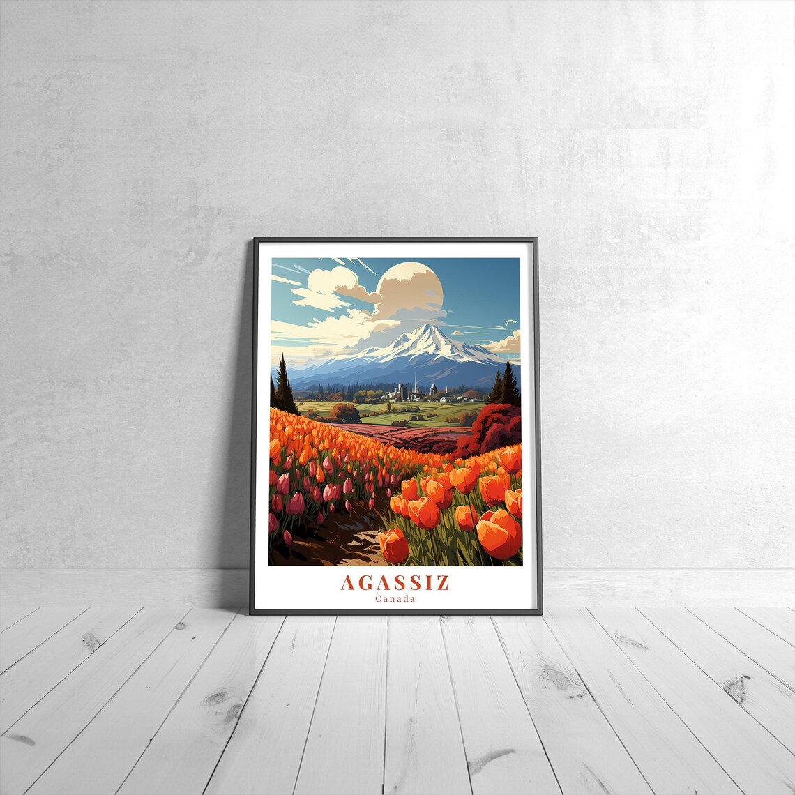 Agassiz Canada Tulip Fields Snowy Mountain Spring Valley Travel Poster