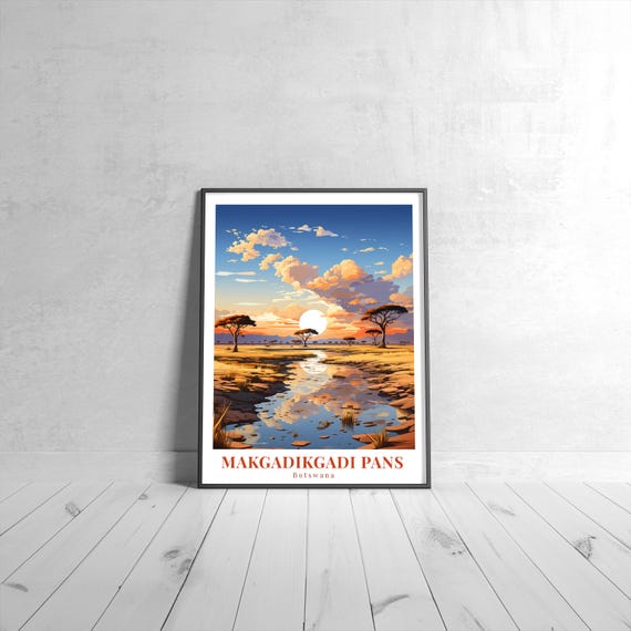 Makgadikgadi Pans Vintage Travel Poster Retro Botswana Art Print Colorful Home Decor Wall Unique Gift