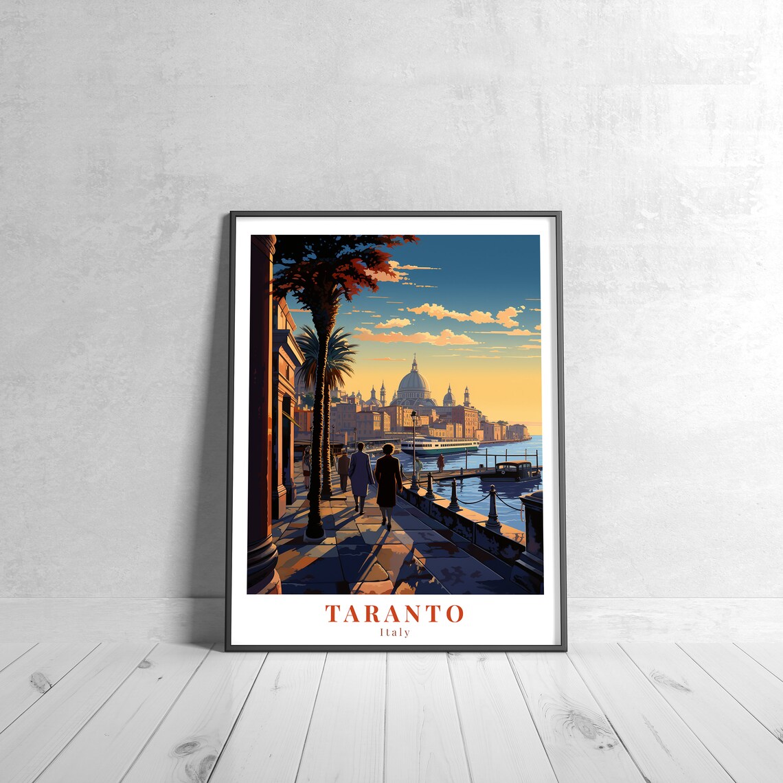 Taranto Italy Waterfront Promenade Cathedral Sunset Travel Poster