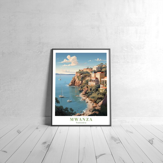 Mwanza Tanzania Coastal Cliff Sailboat Retro Vintage Travel Poster