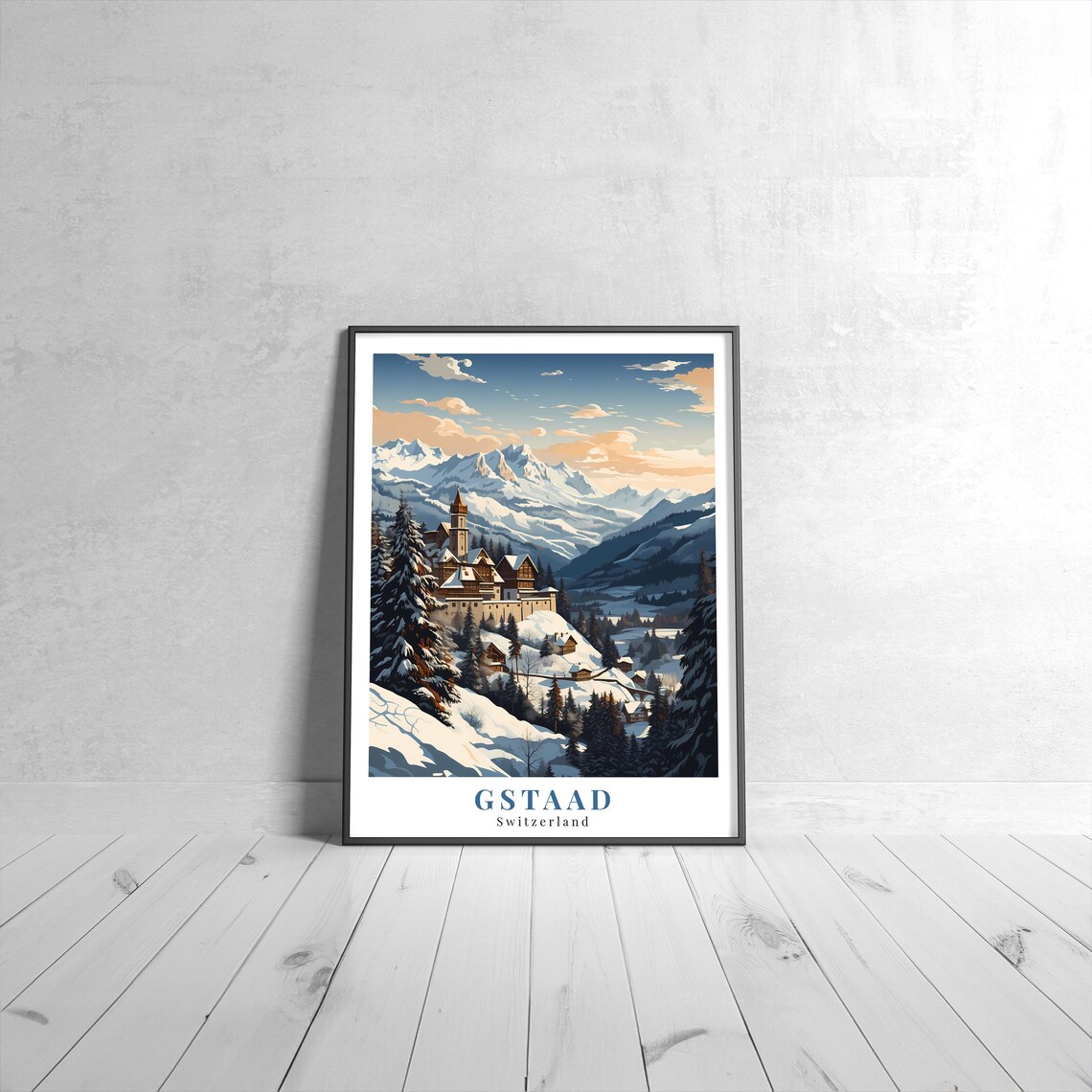 Gstaad Switzerland Snowy Alpine Village Winter Travel Poster